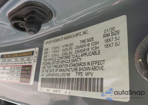 2020 Honda Cr-V Awd Ex z USA, uszkodzony, nr VIN 5J6RW2H5XLL002188